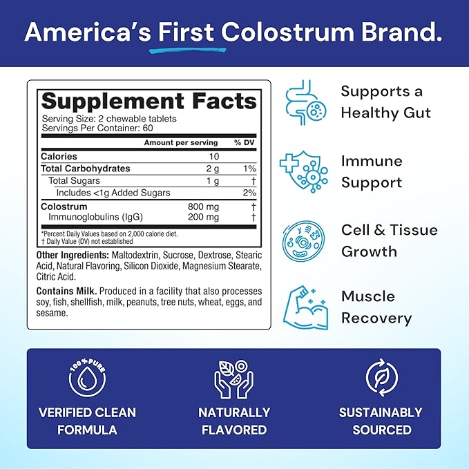 Symbiotics Colostrum 120ct Chewables Plus - Immunity Support for Adult & Kids - Lactoferrin Supplement & Colostrum Protein - Supports Digestion & Gut - 25% lgG Antibodies, Gluten Free - Wild Cherry