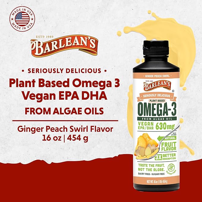 Barlean's Ginger Peach Vegan Omega 3 Supplement, Liquid Algae Oil with 630 mg EPA & DHA, Plant Based Omegas from Algal Oil, Non-GMO & Gluten Free, 16 oz