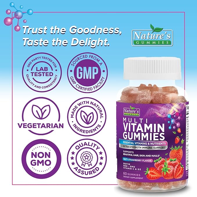 Multivitamin Gummies - Adult Gummy Vitamins for Women & Men, Nature's Daily Gummy Multivitamins for Adults, Vitamins A, C, E, B6, B12 - Multi Vitamin Supplement, Non-GMO, Berry Flavored - 60 Gummies