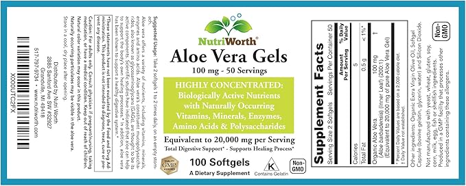 Aloe Vera Supplement (100 Softgels) 20,000mg Pure Gel Equivalency – Made with Organic Aloe Vera