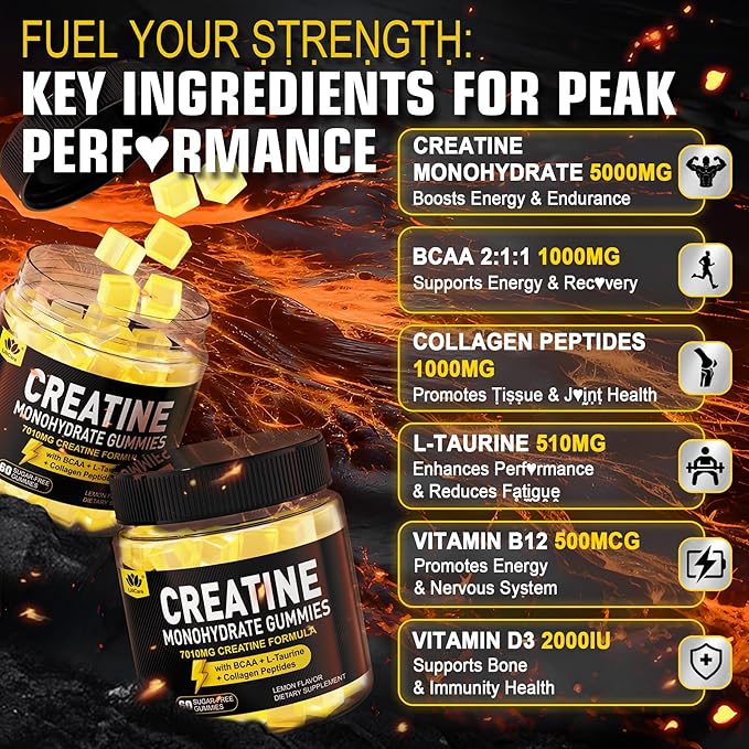 Men's & Women's Creatine Monohydrate Gummies Complex, 6-in-1 Chewable Pre-Workout Creatine with BCAA, Collagen Peptides, L-Taurine, 30 Servings, Natural Lemon Flavor - 60 Count (Pack of 2)