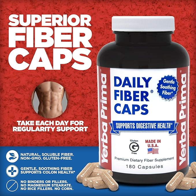 Yerba Prima Daily Fiber Caps - 180 Capsules - Soluble & Insoluble Dietary Fiber Supplement - Colon Cleanse - Gut Health - Vegan, Non-GMO, Gluten-Free