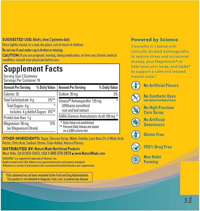 Nature Made Wellblends Calm Mind & Body, Magnesium Citrate, Ashwagandha 125mg & GABA 100mg Blend for Stress Relief, 38 Gummy Vitamins