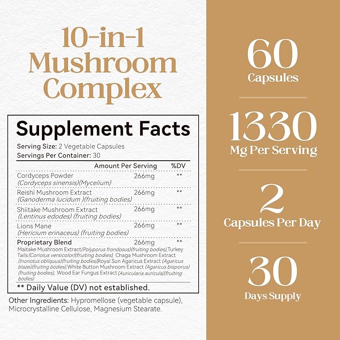 Mushrooms with Cordyceps, Lion's Mane, Shiitake Mushroom Complex for Energy, Immune Health, Brain Support & Overall Wellness | Non-GMO, Gluten-Free, 1300mg Per Serving, 60 Capsules