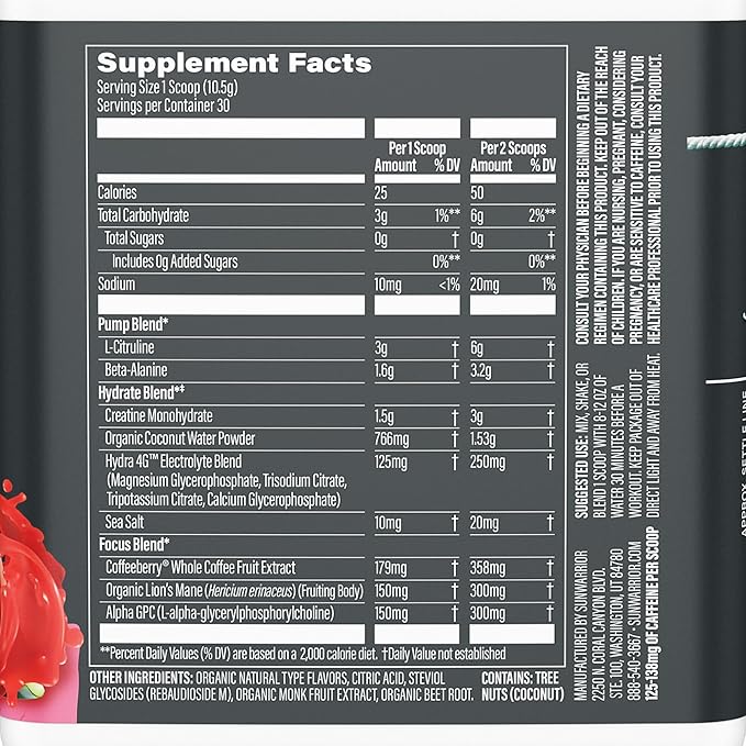 Sunwarrior Pre Workout Powder Energy Drink | Vegan Plant-Based Supplement | Pump, Hydrate, Focus, Endurance, & Strength Builder | Watermelon Flavored 30 Servings | Active Preworkout