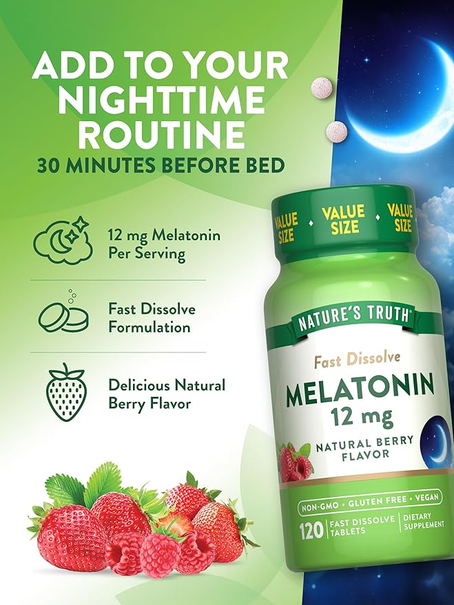 Nature's Truth Melatonin Tablets | 12mg | 120 Count | Natural Berry Flavor | Fast Dissolve | Vegan, Non-GMO & Gluten Free Supplement