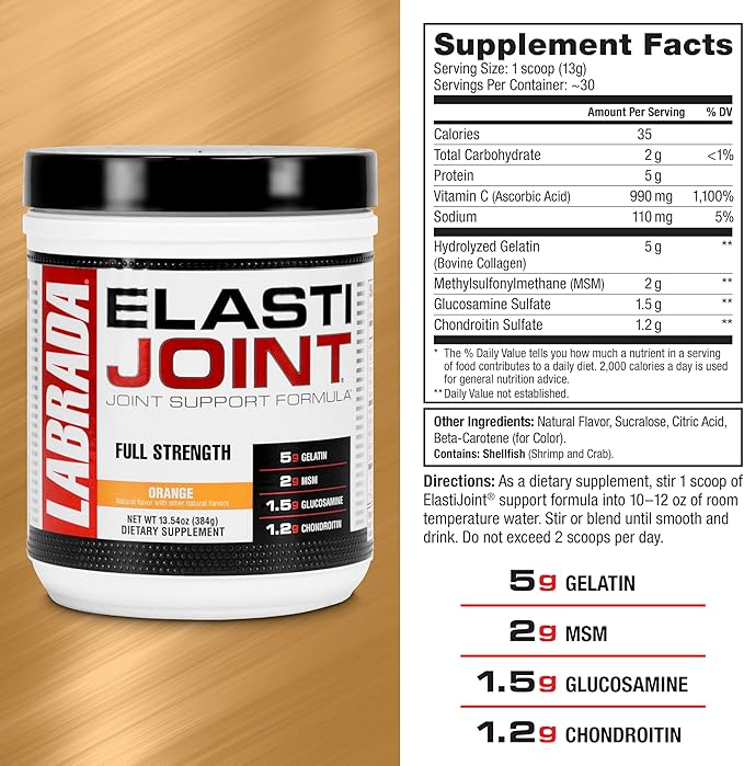 Labrada Nutrition Elastijoint, Orange Flavor,Glucosamine Joint Support Supplement Powder for Men & Women, Joint Relief & Bone Health Supplement with MSM, Glucosamine Chondroitin MSM Gluten-Free