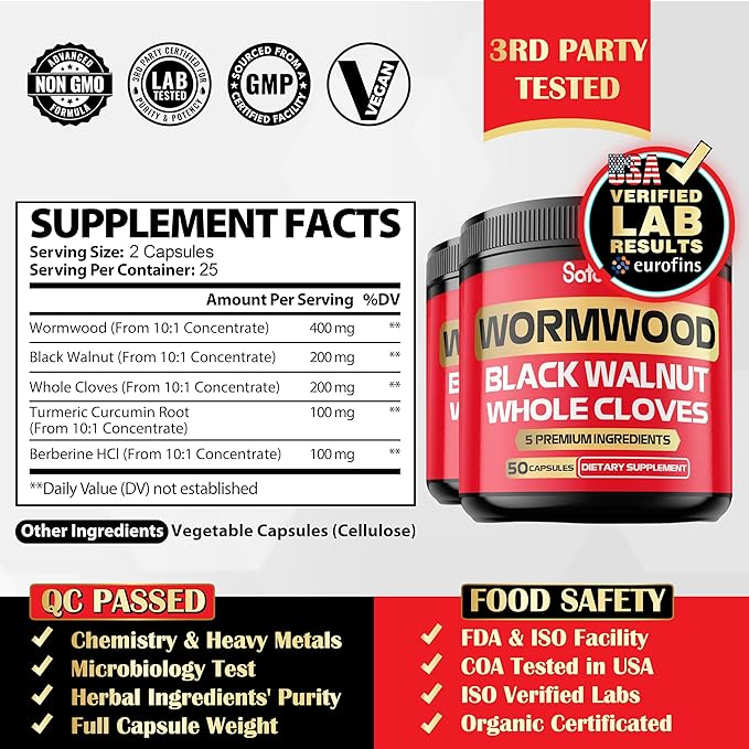 Satoomi [2 Packs - 50 Capsules - 5 in 1 Wormwood Capsules Supplement - Extracted from Black Walnut Whole Cloves Turmeric and Berberine HCl Immune System & Digestion Health