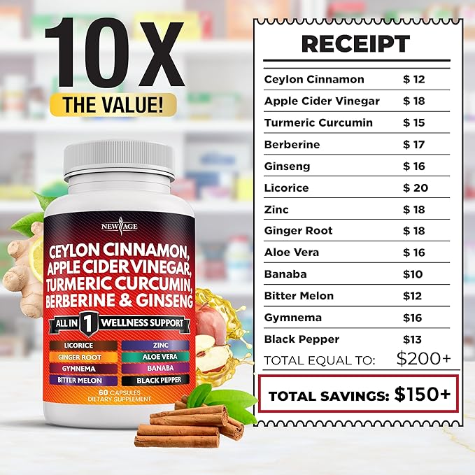 Ceylon Cinnamon, Turmeric, Apple Cider Vinegar, Ginseng, Aloe Vera, Berberine Plus Banaba, Ginger Root - 60 Count