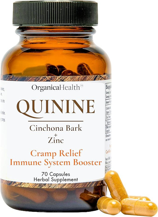 Quinine for Leg Cramps Defense, Restless Legs Relief - Organic Quinine with Zinc 50mg - Cinchona Bark Herbal Supplement for Muscle Cramp, Immune and Digestive - 70 Vegan Capsules - Organica Health