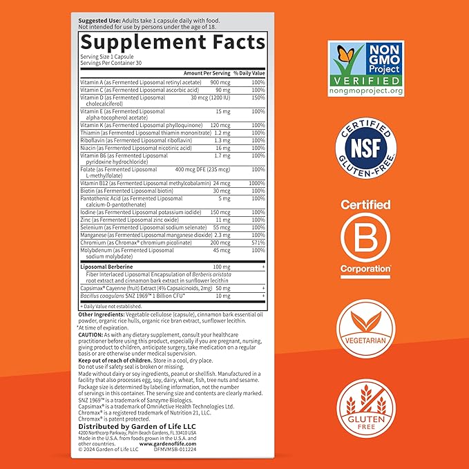 Garden of Life Dr. Formulated Multi+ Metabolism Support - Fermented Liposomal Multivitamin + Chromax, Capsimax, Berberine & Probiotics - 30 Capsules