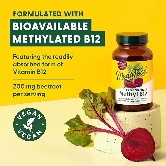 MegaFood Extra Strength Methyl B12 Vitamins, Bioavailable Vitamin B12 3000mcg Per Serving, Supports Energy Metabolism & Nervous System Health, Beet Root, Vegan, Gluten Free, 90 Capsules, 90 Servings
