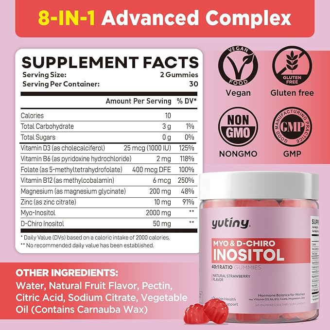 Myo-Inositol & D-Chiro Inositol Gummies, Vitamin B6 B12 & Folate for Women, Vegan, Sugar Free, Strawberry Flavor, 60 Count