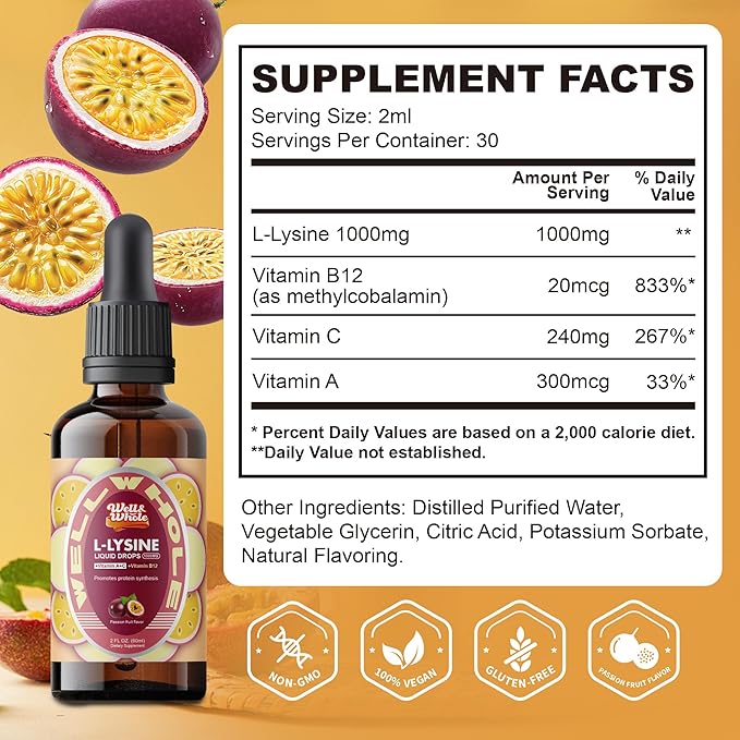 L-Lysine Supplement Liquid Drops | L-Lysine 1000mg Tincture with Vitamin A, C, and B12 for Adults & Kids | Immune Support, Skin & Lips Health, Collagen Synthesis | Non-GMO, Vegan, 2 Fl Oz (60 ML)