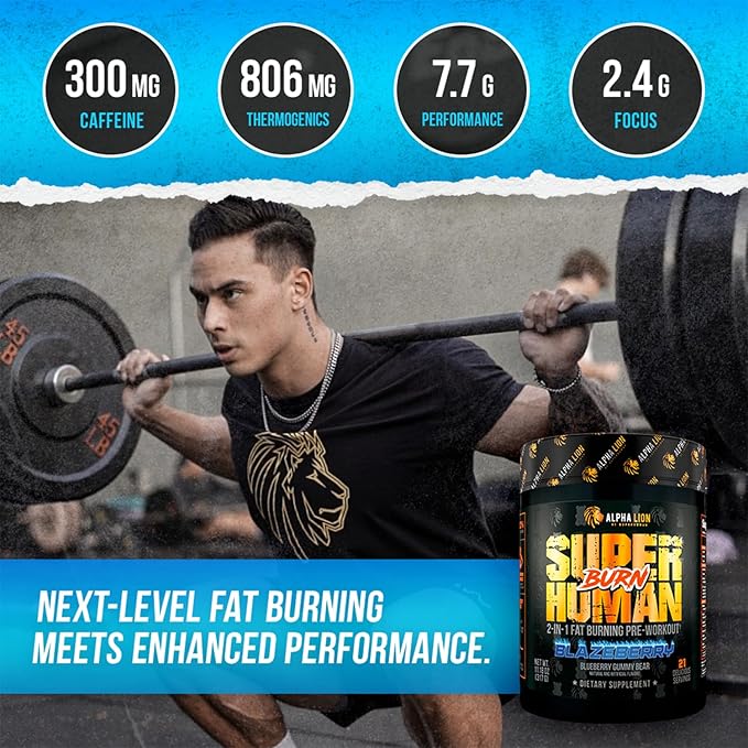 ALPHA LION Superhuman Burn 2-in-1 Metabolism Booster Pre Workout, Weight Loss Supplement, Appetite Suppressant, Fat Loss Support, Energy & Focus Powder (21 Servings, Blue Gummy Bear Flavor)