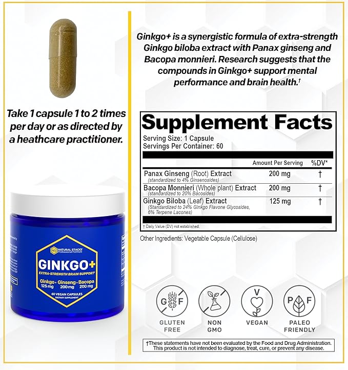 NATURAL STACKS Ginkgo Biloba Supplement with 200mg Panax Ginseng & 200mg Bacopa Monnieri - Brain Supplements for Memory and Focus - Korean Ginseng for Brain Health Support - 60 Ginkgo Biloba Capsules