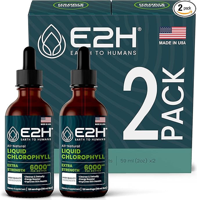E2H Chlorophyll Liquid Drops - Energy Booster, Digestion, Immune System Support and Internal Deodorant - Vegan - Gluten Free - Non-GMO - (2 Bottles)