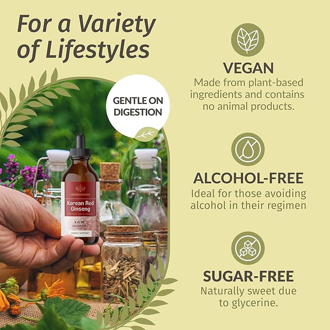 HERBAMAMA Korean Panax Ginseng Root Tincture - Vegan Red Ginseng Extract Liquid Drops for Energy Support - Non-GMO, Alcohol & Sugar-Free Immune Support Supplement, 56-Day Supply
