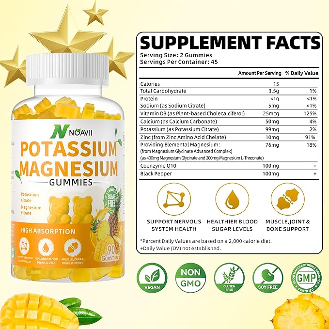 Potassium Magnesium Gummies, New Formula Calm Magnesium Glycinate Gummies, Chewable Gummy Supplements for Leg Cramps & Muscle, Pineapple Flavor 180 Count