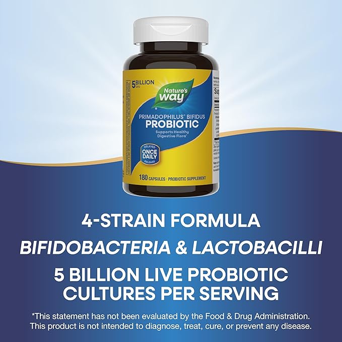 Nature's Way Primadophilus Bifidus Probiotic, Supports Digestive Flora*, 5 Billion Live Probiotic Cultures per Capsule, Lactobacilli, Bifidobacteria, 180 Capsules (Packaging May Vary)