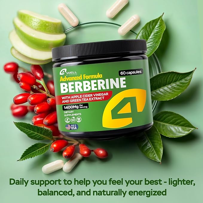 Advanced Berberine HCL Supplement 1400mg Complex - Triple-Strength Blend with Apple Cider Vinegar & Green Tea Extract - Body Composition Support, Digestive Health, Support Heart Health, Immune System