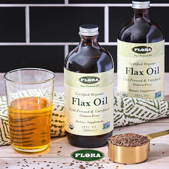 Flora - Flax Oil - Cold-Pressed, Unrefined, Organic Flax Seed Oil - Contains Omega-3 & Omega-6 - Non-GMO & Gluten-Free - Keep Chilled - 32 fl. oz. Amber Glass Bottle