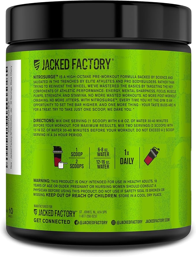 Jacked Factory NITROSURGE Pre Workout Supplement - Endless Energy, Instant Strength Gains, Clear Focus and Intense Pumps - NO Booster & Powerful Preworkout Energy Powder - 30 Servings, Black Cherry