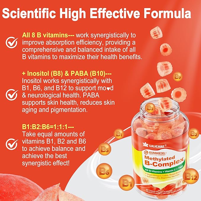 Women's & Men's Super Vitamin B Complex Gummies, Methylated w/ Omega 3, Magnesium, CoQ10, Ashwagandha,Vitamin C, TMG- All B Vitamins- Methyl B12 2000 mcg, Methylfolate(B9),B1,B2,B3,B5,B6,B7- 1Pack
