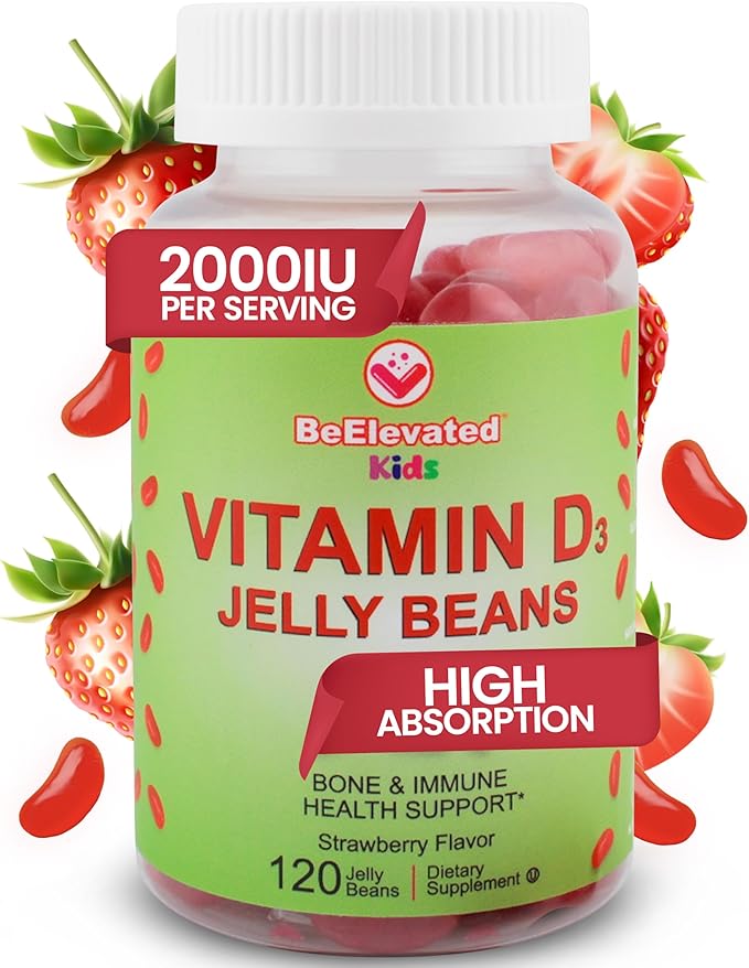 Vitamin D3 Jelly Beans - Chewable Vitamins Gummies for Kids Immune Support - Multivitamin Supplements for Bone & Joint Support - 2,000 IU Vegetarian Gummy - 120 Strawberry Flavor Beans