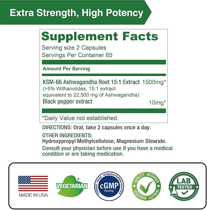 Lovita KSM-66 Ashwagandha | Highly Concentrated | 5% Withanolide | 95% Black Pepper Piperine | Stress Relief & Energy Support | Vegan, Gluten Free | 130 Capsules