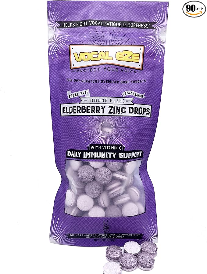 Vocal Eze Elderberry Vitamin C, Zinc Cough Drops (90) | Lozenges to Relieve Sore, Hoarse, Fatigue, Dryness of Throat | Voice & Immune Support, Sugar Free (VeganFriendly)