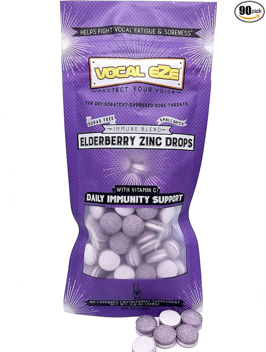 Vocal Eze Elderberry Vitamin C, Zinc Cough Drops (90) | Lozenges to Relieve Sore, Hoarse, Fatigue, Dryness of Throat | Voice & Immune Support, Sugar Free (VeganFriendly)