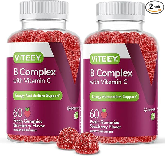 Vitamin B Complex Gummies for Adults with Vitamin C, B6, B12, Niacinamide, Folic Acid, Biotin, Calcium - Supports Energy & Metabolism - Vegan, Gluten Free, Gelatin Free - Chewable Strawberry Flavored