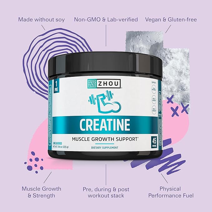 Zhou Nutrition Creatine Monohydrate Powder, Pure Unflavored Creatine Powder, Workout Recovery, Physical Performance Support, Vegan, Non-GMO, Gluten Free, Made Without Soy, 45 Servings