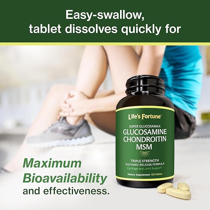 Life's Fortune Triple Strength Glucosamax - 1000mg Premium Glucosamine, Chondroitin and MSM Supplement with Vitamin C for Joint Comfort & Mobility, 120 Tab