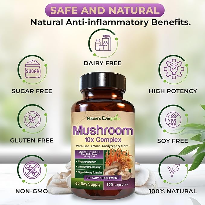 10-in-1 Mushroom 10x Complex Supplement | Lions Mane, Reishi and Cordyceps & More | Nootropic for Brain Health, Memory & Focus | Immunity & Energy - (120 Capsules - 60 Day Supply)