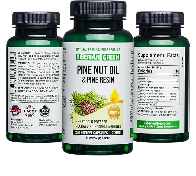 Pine Nut Oil w/Pine Resin Capsules 200 Softgels Wild Harvested Siberia Altai Cold Pressed Unrefined
