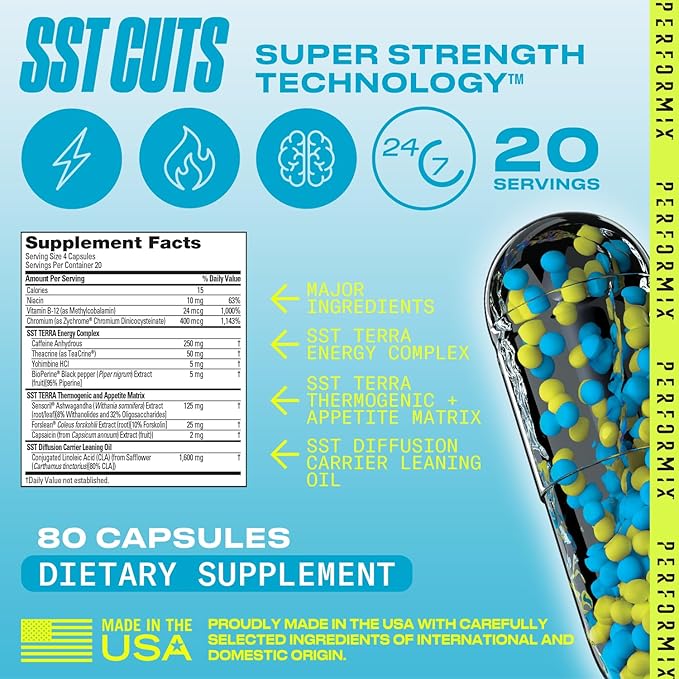 PERFORMIX - SST Cuts - Thermogenic with CLA - Energy, Focus & Mood - Metabolism Support - Hunger Control - Nootropic - Pre Workout - Men & Women - 160 Servings - 2 Pack