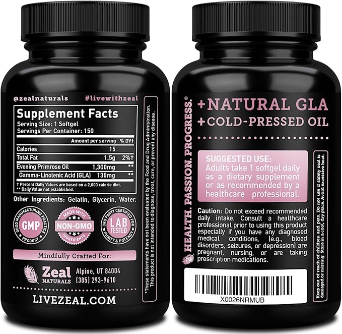 Evening Primrose Oil Capsules (150 Liquid Softgels | 1300mg) Premium Evening Primrose Oil – Natural-Sourced Hormone Support Supplement for Women - Cold Pressed w. 10% GLA
