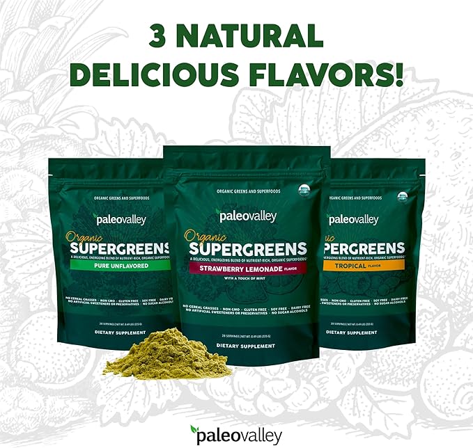 Paleovalley Organic Supergreens Powder - 23 Superfoods with Prebiotic Fiber for Energy and Immunity Support - No Cereal Grasses for Maximum Absorption - Tropical, 30 Servings