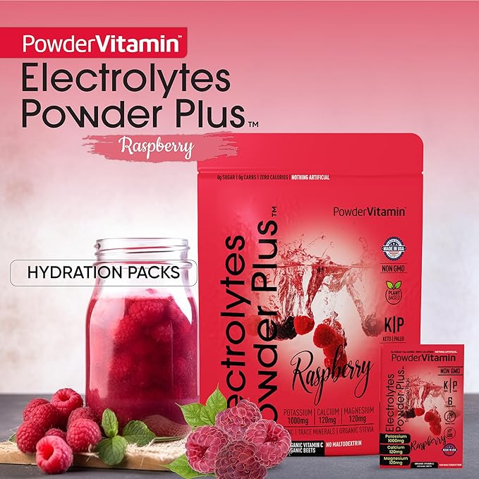 Electrolytes Powder Plus, Keto, Raspberry, Sugar Free, Pink Himalayan Salt, 1000mg Potassium, 120mg Calcium, 120mg Magnesium, Non-GMO, Zero Calories, (16 Hydration Packets)