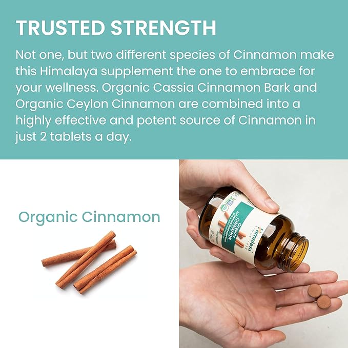Himalaya Organic Cinnamon, for Glycemic Support, 1100 mg Daily, 60 Tablets, from Cassia Cinnamon Bark and Ceylon Cinnamon Extract, Non-GMO Project Verified, Vegan, Gluten Free Herbal Supplement