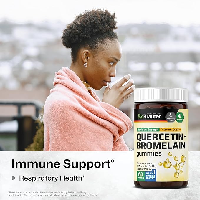 BIO KRAUTER Quercetin with Bromelain Gummies - 1000 mg Mix - 60 Vegan Chews - Quercetin Gummies - Vegan Immune Support - Source of Antioxidants - Gelatine-Free Formula