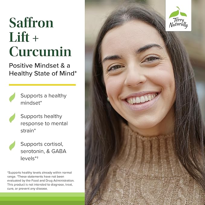 Terry Naturally Saffron Lift + Curcumin - Herbal Supplement with Curcumin - Non-GMO Saffron & Brain Curcumin Capsules - Concentration & Relaxation Support Supplement - 60 Capsules