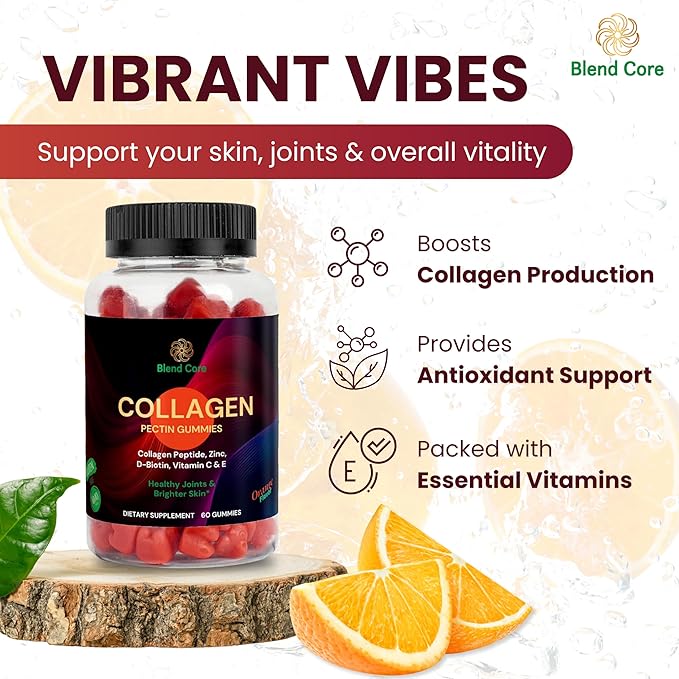 Collagen Gummies for Women & Men with D-Biotin, Vitamin C, E & Zinc - Gluten Free Collagen Peptides, Orange Flavor - Support Skin, Hair & Nail Health - 60 Gummies