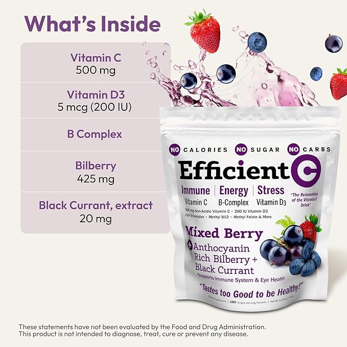 ANDREW LESSMAN Efficient C Mixed Berry 180 Packets - Immune, Energy, Stress and Eye Health Support. Reinvention of The Vitamin C Drink. No Calories. No Sugar. No Carbs. Easy to Mix.