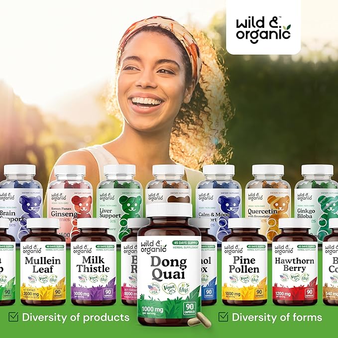 Wild & Organic Dong Quai Capsules for Women - 1000 mg per Serving - Dong Quai Root Supplement - 45-Day Supply - Traditional Angelica Sinensis - Non-GMO, Vegan - 90 Count