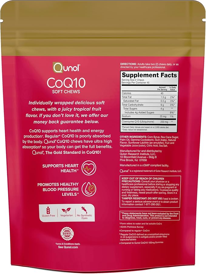 Qunol CoQ10 200mg Soft Chews, Extra Strength & Ultra High Absorption Coenzyme Q10 Supplement, #1 Cardiologist Recommended Supplement for Heart Health, 90 Count
