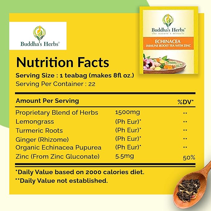 Buddha's Herbs Organic Echinacea Herbal Tea Supplement, Immune Support Supplement with Zinc, Turmeric, Ginger & Lemongrass (2 Pack, 44 Tea Bags)