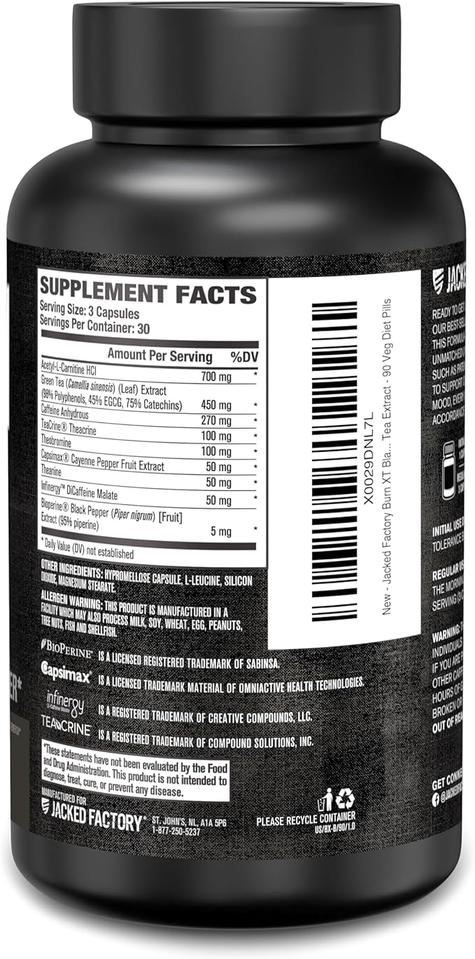 Jacked Factory Burn XT Black Thermogenic Fat Burner - Weight Loss Supplement, Appetite Suppressant, Nootropic Energy Booster | TeaCrine, Acetyl L-Carnitine, Green Tea Extract - 90 Veg Diet Pills